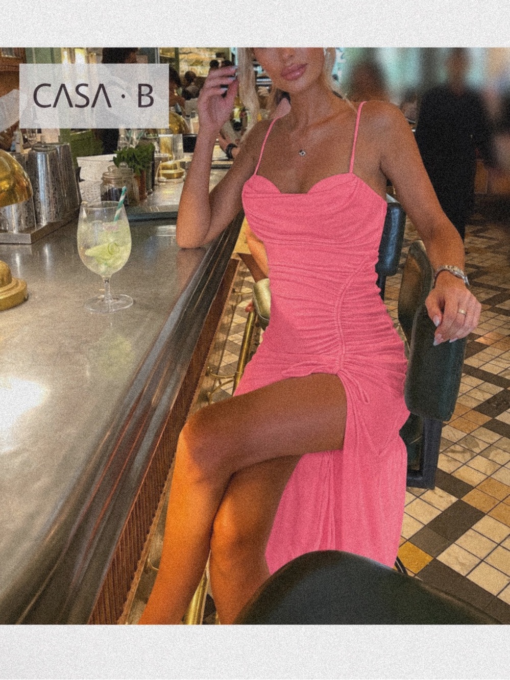 NEW!💫CASA B | Sasha Draped High-Slit Side Ruched Midi Dress in Pink